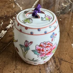 Chinese porcelain spice jar with flowers, dragon flies and plants.